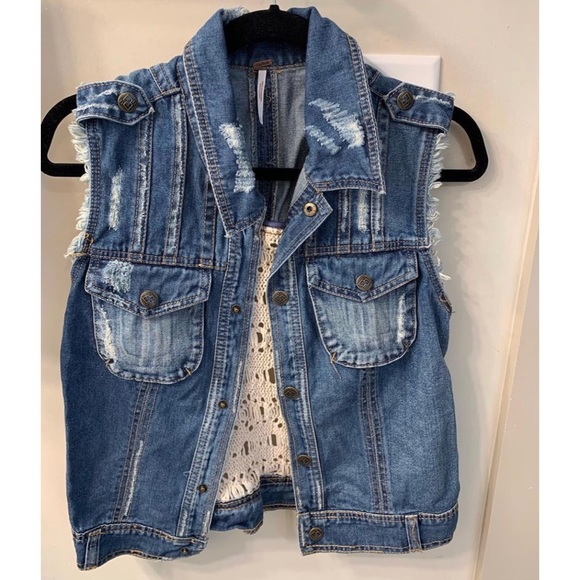 NWOT Free People denim crochet back vest - Picture 3 of 6